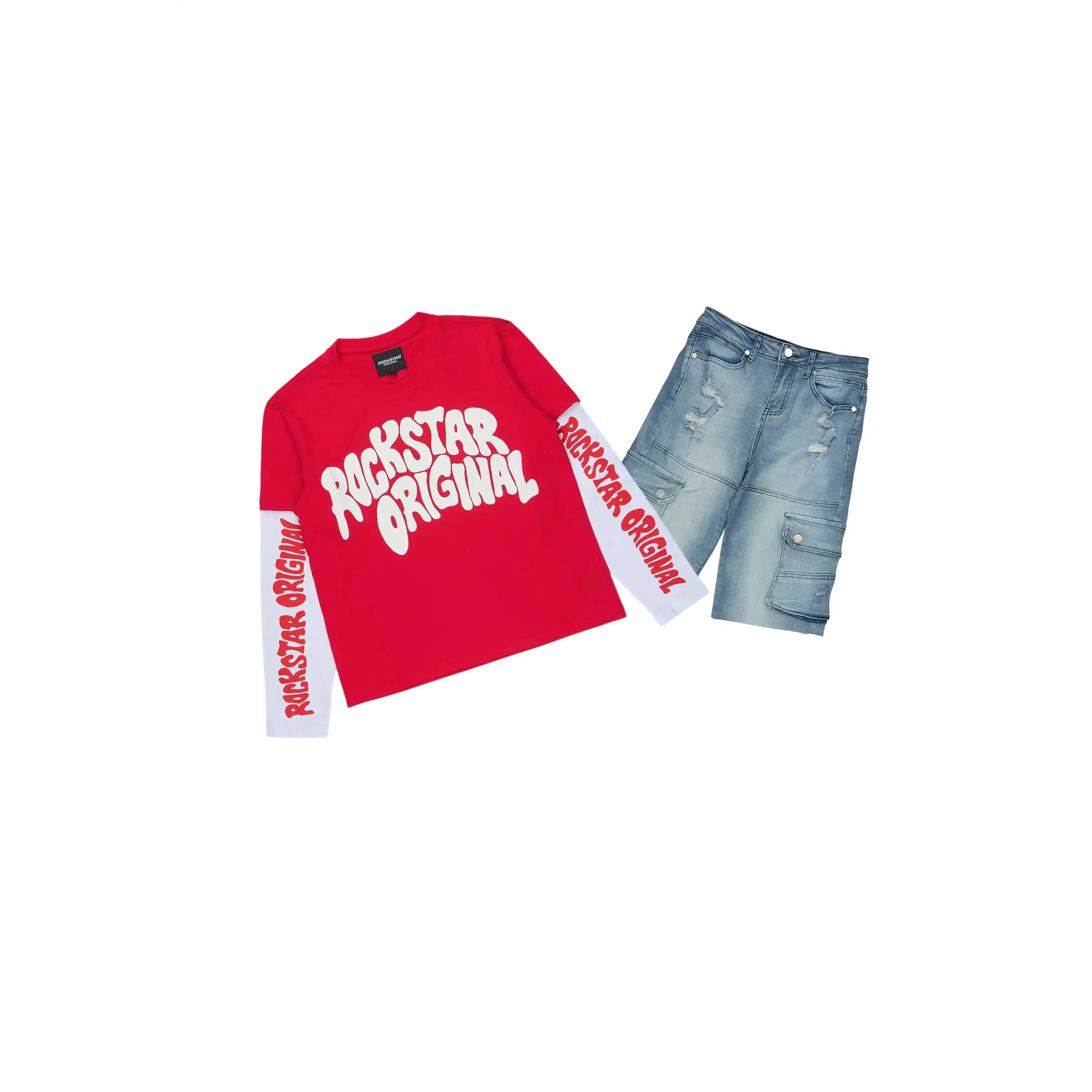 Boys Keymon Red/Blue Long Sleeve T-Shirt Denim Short Set