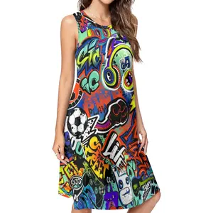 Street Graffiti Trendy Elements Print Sleeveless Midi Dress Y2K Summer Swing Dress Round Neck Fabric Casual Premium Polyester Loose Fit Knee-Length tea blue quinceanera girl green