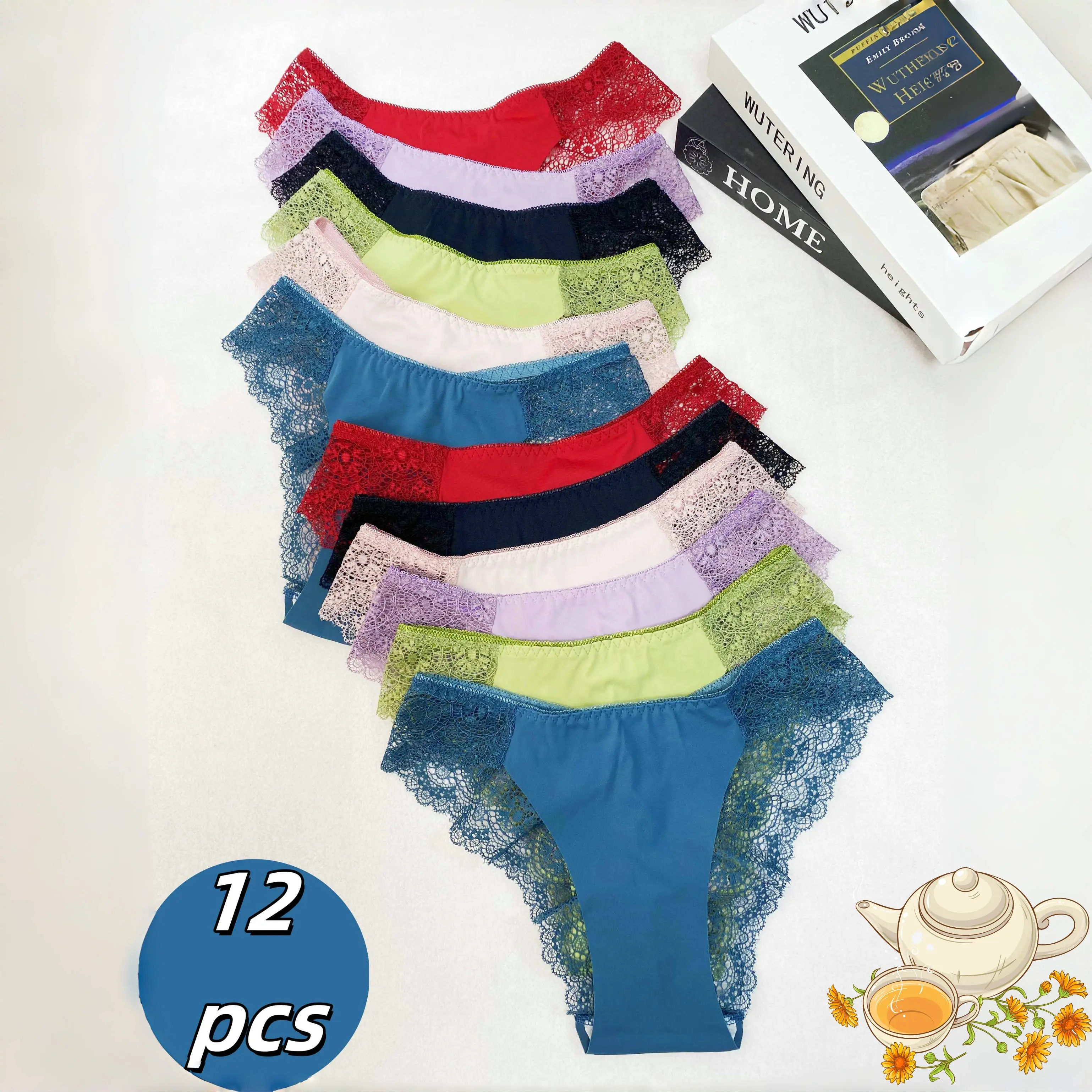 QQ 12-Pack Lace Trim Low Waist Underwear for Women, Soft Breathable Stretch Briefs, Multi-Color Panties for Everyday Use Womenswear Bridal