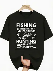 Men's Crew Neck T-Shirt - Fishing Solves Most Problems, Hunting Solves the Rest