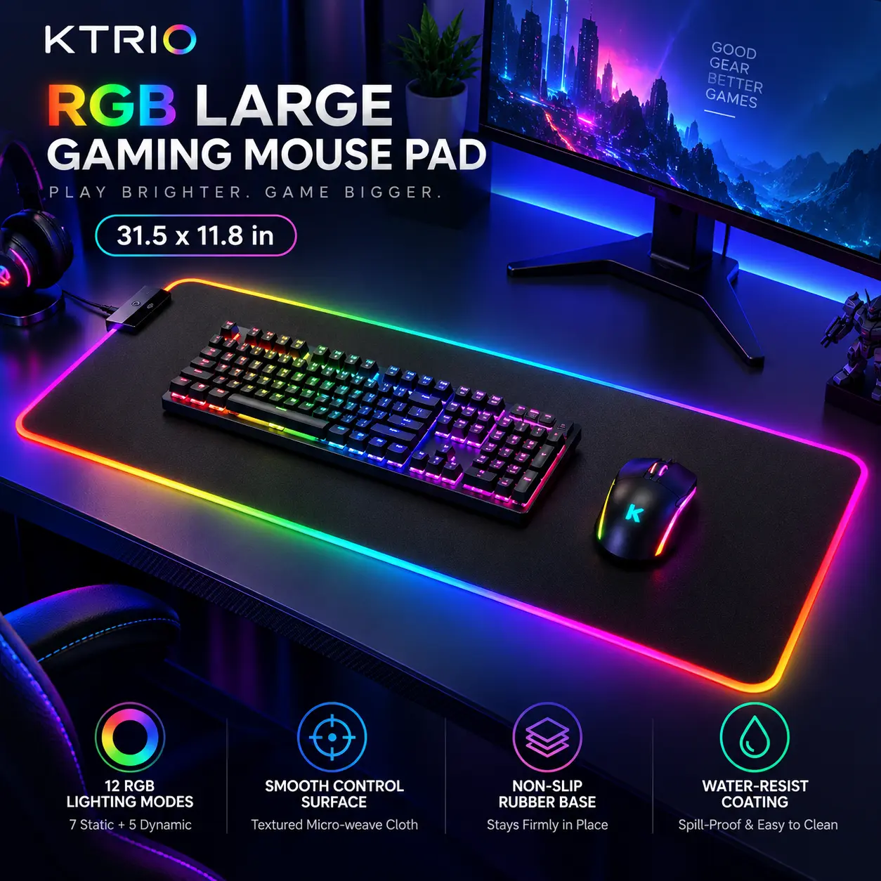 KTRIO RGB Large Gaming Mouse Pad, 31.5 x 11.8 in, RGB Black