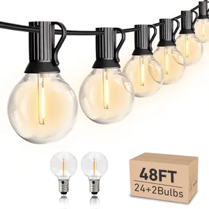 48Ft Waterproof Outdoor Patio Lights with 24+2 Edison Bulbs - Ambient, Glowing LED, Hollywood, Fairy Styles for Garden, Porch, Bistro Decor, Ambient Light Outdoor, Glowing Led Outdoor