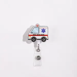 Emergency Ambulance Retractable Badge Reel with Glitter, ID Badge Holder, Features 'wee Woo Bus' Text & Medical Symbol Design, Perfect for First Responders & Emergency Vehicles