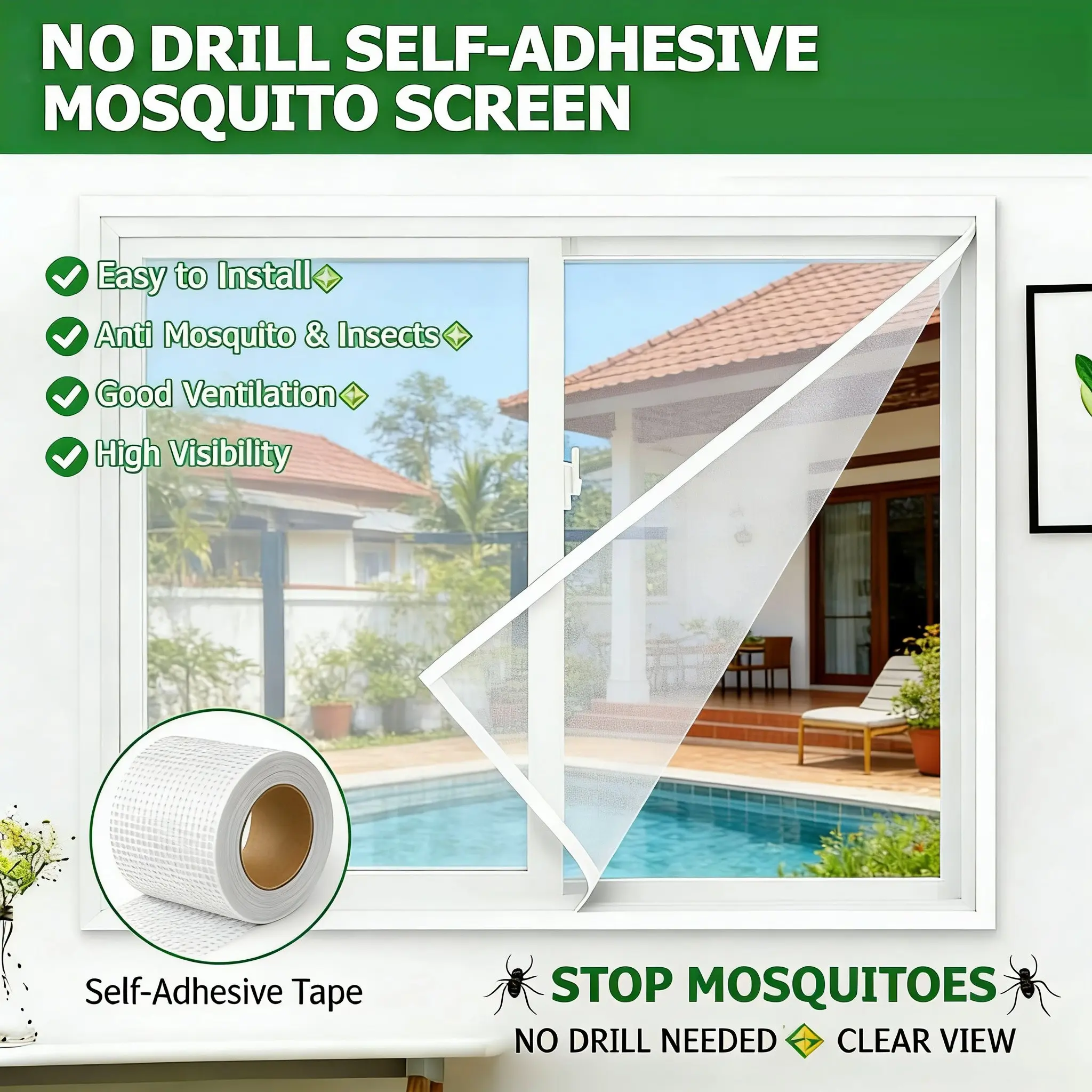 Self-Adhesive Window Screen Mosquito Proof Easy Installation Economical High Quality Ventilation Good Visibility PP Material Strong Cuttable DIY Home Use Mesh Windows