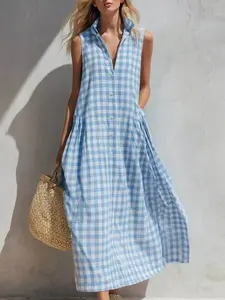 Women's Fashion Plaid Summer Dress, Loose-Fit Sleeveless Checkered Casual Long Dress, Comfortable and Stylish Women's Clothing