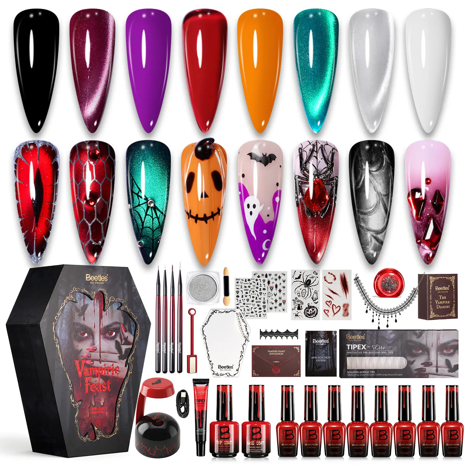 Beetles Vampiric Feast Halloween Beauty Gift Box, Limited Edition Hema-Free Gel Polish Collection with Tipex Lite Nail Tips, UV Lamp & Nail Art Essentials