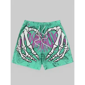 Men's Paisley And Skeleton Hand Pattern And Alphabet Print Shorts With Drawstring And Pockets, Trendy And Chic Shorts For Summer Street Wear