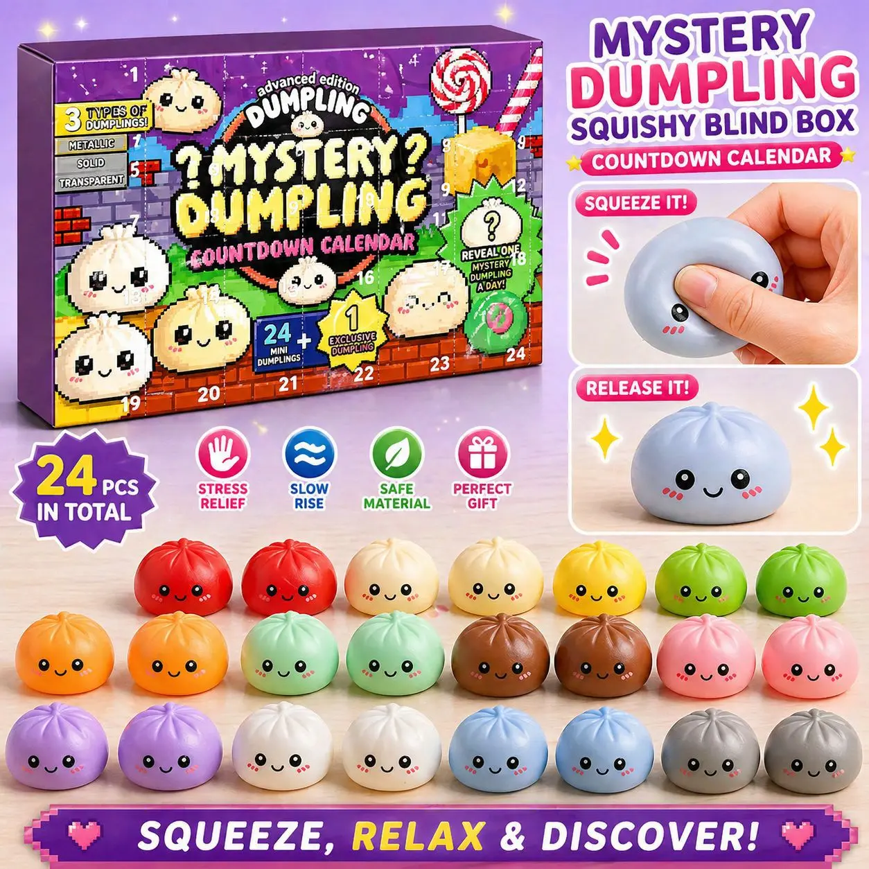 24PCS Mystery Dumpling Squishy Blind Box Advent Calendar, Kawaii Slow Rise Stress Relief Fidget Toys for Kids & Adults, Decompression Desk Toys, Cute Sensory Squeeze Toy Gift Set, Surprise Countdown Calendar Party Favor Box
