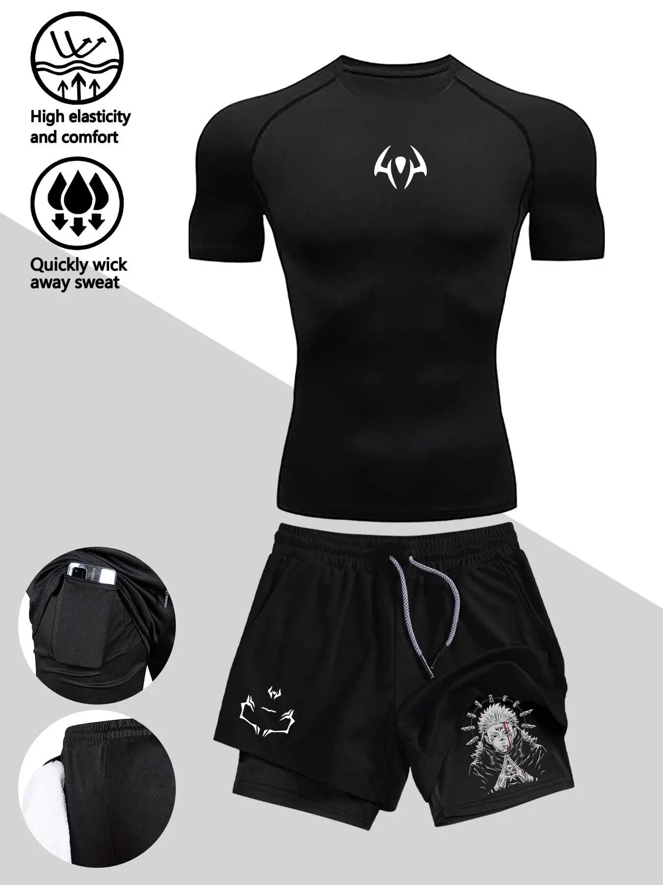 Men's Sporty Fitness Suit, Quick-Dry Print T-Shirt and Shorts Set, Fitness Sport Outfits, High Elasticity, Ideal for Gym and Basketball, All-Season Short Sleeve, Fitness Clothes, Athletic Sports Clothing, Workout Clothes