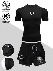 Men's Sporty Fitness Suit, Quick-Dry Print T-Shirt and Shorts Set, Fitness Sport Outfits, High Elasticity, Ideal for Gym and Basketball, All-Season Short Sleeve, Fitness Clothes, Athletic Sports Clothing