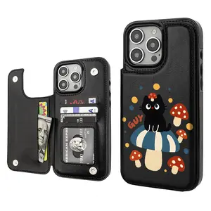 Cute Black Cat Aesthetics Pattern Phone Cases Compatible For With iphone 16 15 14 13 12 PRO PLUS MAX PU Brown Durable Flip High quality Leather Credit Card Bag Holder Mother Gift Wallet Shockproof Anti-Drop Full Protection Phone Cases Shell Cover