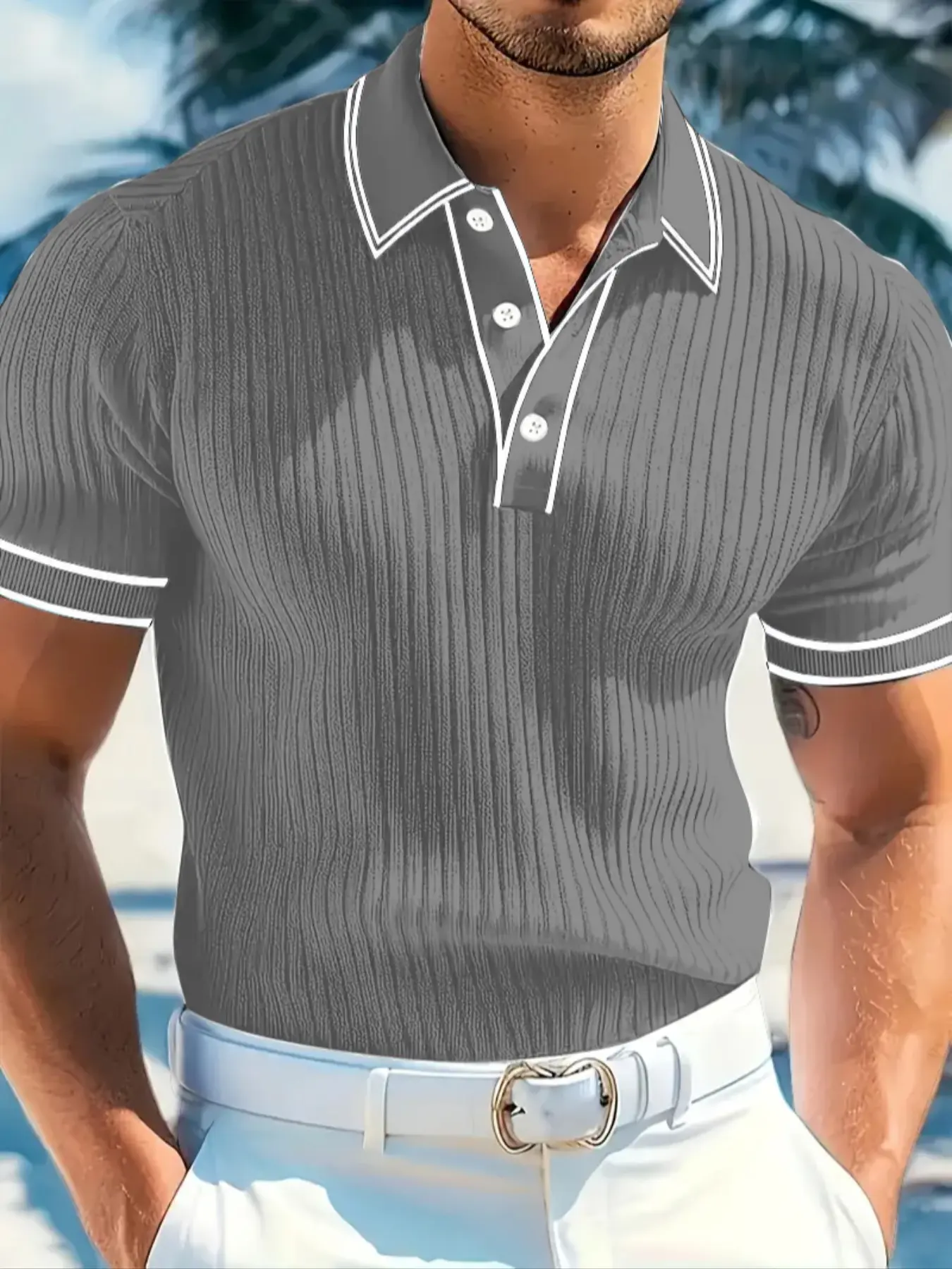 Men's striped knitted slim fit short-sleeved shirt, Polo Style, Breathable Polo Shirts, featuring a classic button-down collar design, comfortable and breathable elastic fabric, suitable for summer casual wear, daily outings, and outdoor vacations.