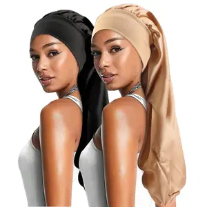 2pcs Women's Long Hair Sleeping Cap Faux Silk Elastic Turban Hair Cover Beauty Salon Hair Care Headwrap summerwins
