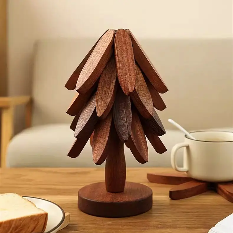 Woosie.Bamboo Tree-Shaped Trivet Set with Storage Stand, 4 Pack Foldable Eco-Friendly Bamboo Trivets for Hot Pots, Bowls & Teapots, Stackable Like Christmas Tree, Decorative Heat Resistant Kitchen Table Protector