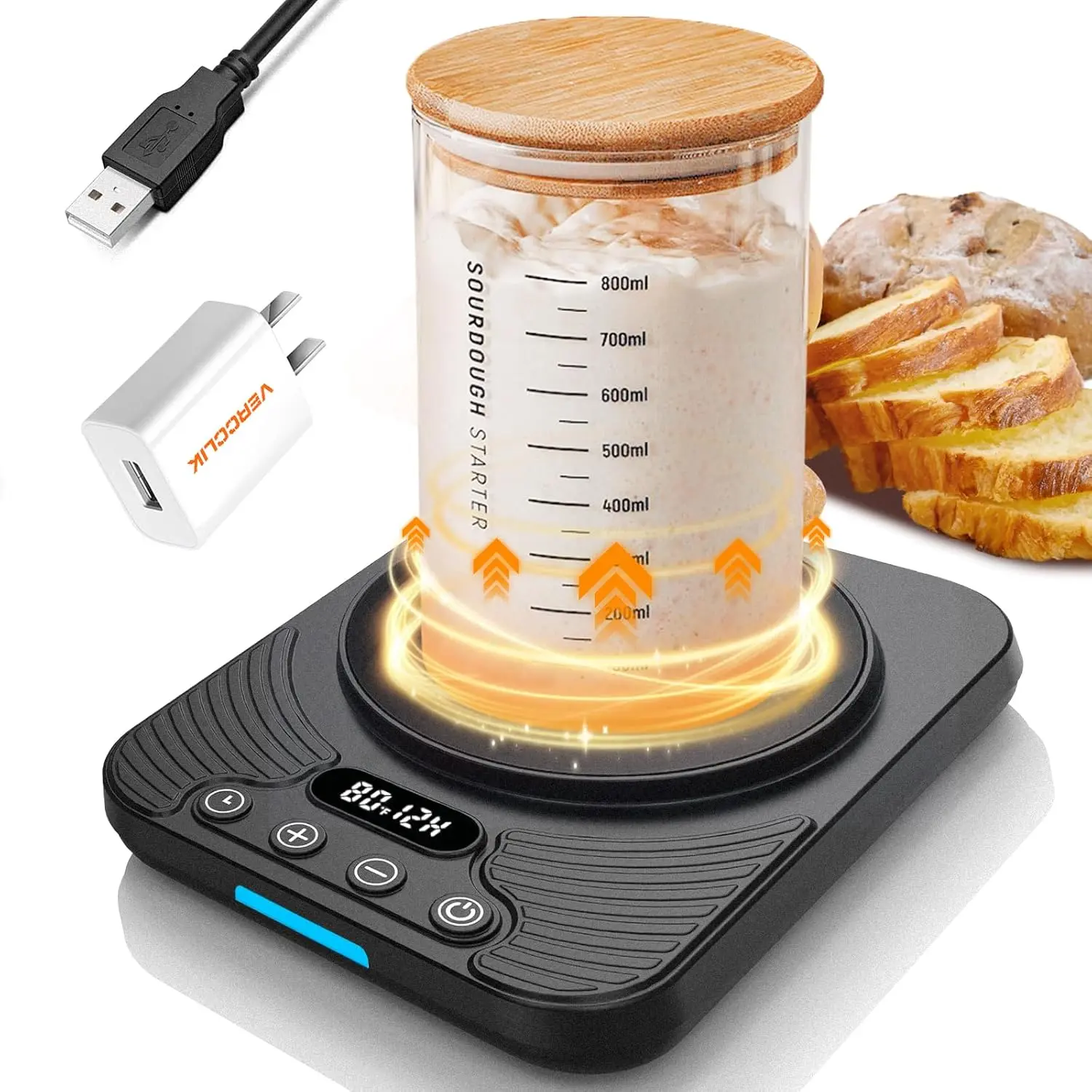 Starter Warmer Mat,Temperature Control Range 70°F-110°F, Accurate to 1°F, with Timer Switch Function(0-24 hours),Smart Memory,Powered by USB,Ideal for Home Baking.(Black)