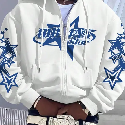 Men's Star Print Drop Shoulder Hoodie, Fashion Casual Regular Fit Drawstring Pocket Hooded Sweatshirt for Daily Holiday Outdoor Wear, Men Clothes for Fall & Winter, Streetwear Hoodie, Drawstring Pocket Hoodies, Streetwear Casual Style