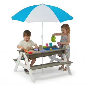 Kids Picnic Table w/Height Adjustable Umbrella,Indoor & Outdoor, Sand & Water Table for Garden, Backyard, Patio, dealsforyou，Children’s sandbox, sand play area. Protective padding suitable for children aged 3 to 8, perfect for use in backyards. Fun, beach
