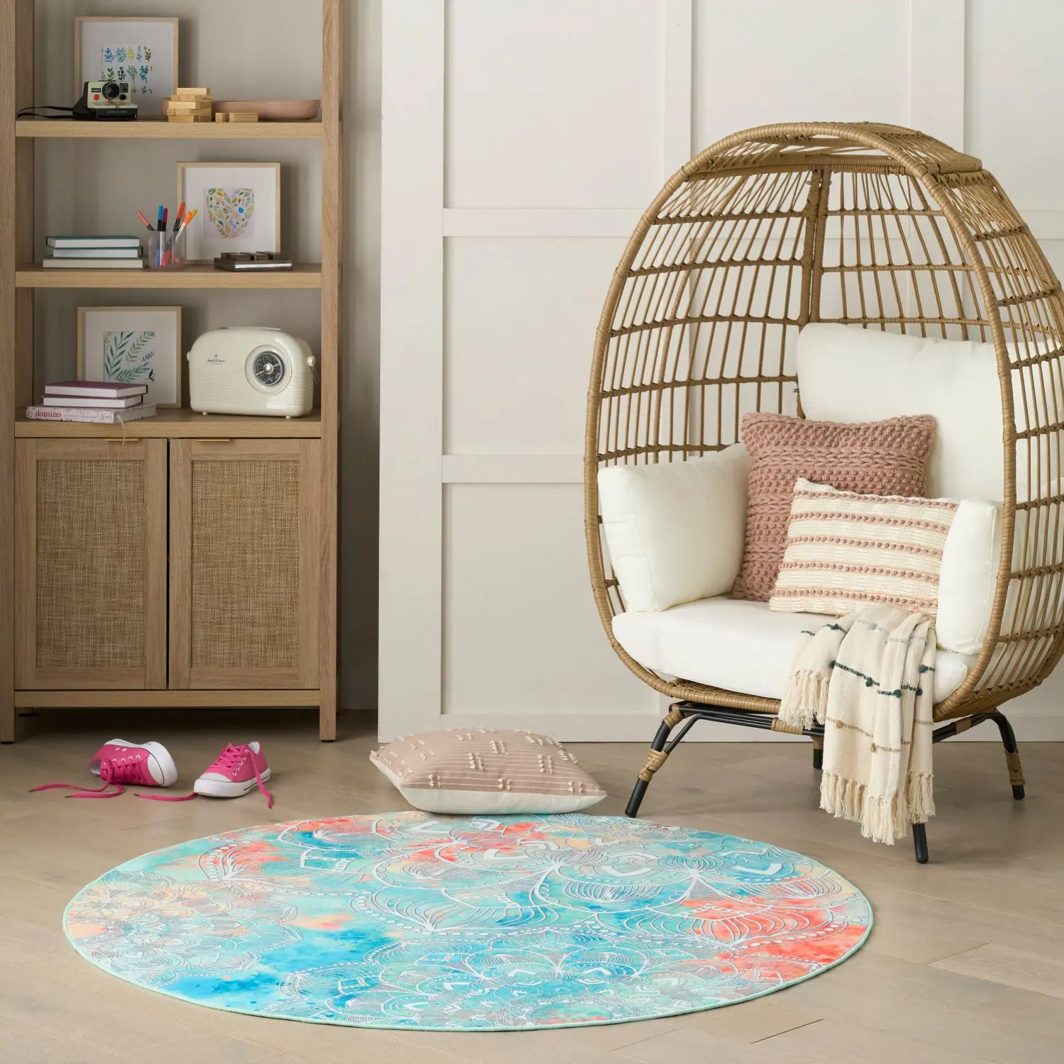 Nourison Imagination Mandala Print 5' Round Multicolor Polyester Fiber Indoor Area Rug - Watercolour, Washable, Stays Put on Floor, Kid Room Ready, Bohemian Artful Floor Covering