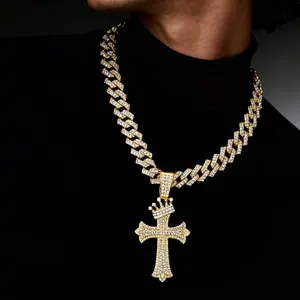Full diamond crown cross pendant, eco-friendly electroplated alloy, diamond-studded Cuban necklace jewelry