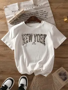Women's Leopard Letter Print Round Neck Tee, Fashion Casual Crew Neck Short Sleeve T-Shirt for Daily Holiday Vacation Outdoor Wear, Ladies Clothes for Summer