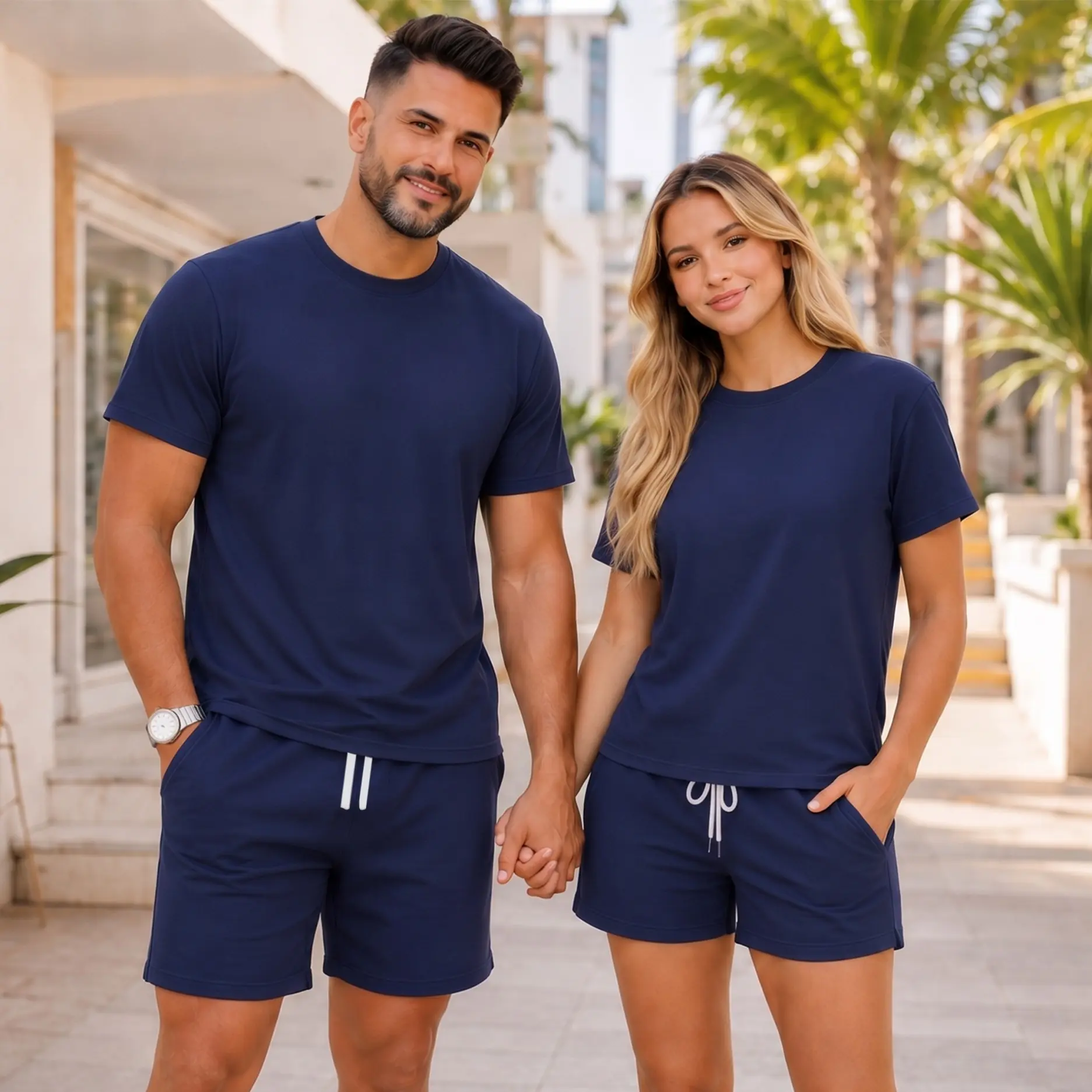 Couples’ Matching Short Sleeve T-Shirt and Shorts Set, Casual Summer Two-Piece Outfit with Crew Neck Tops and Drawstring Shorts for Daily Wear