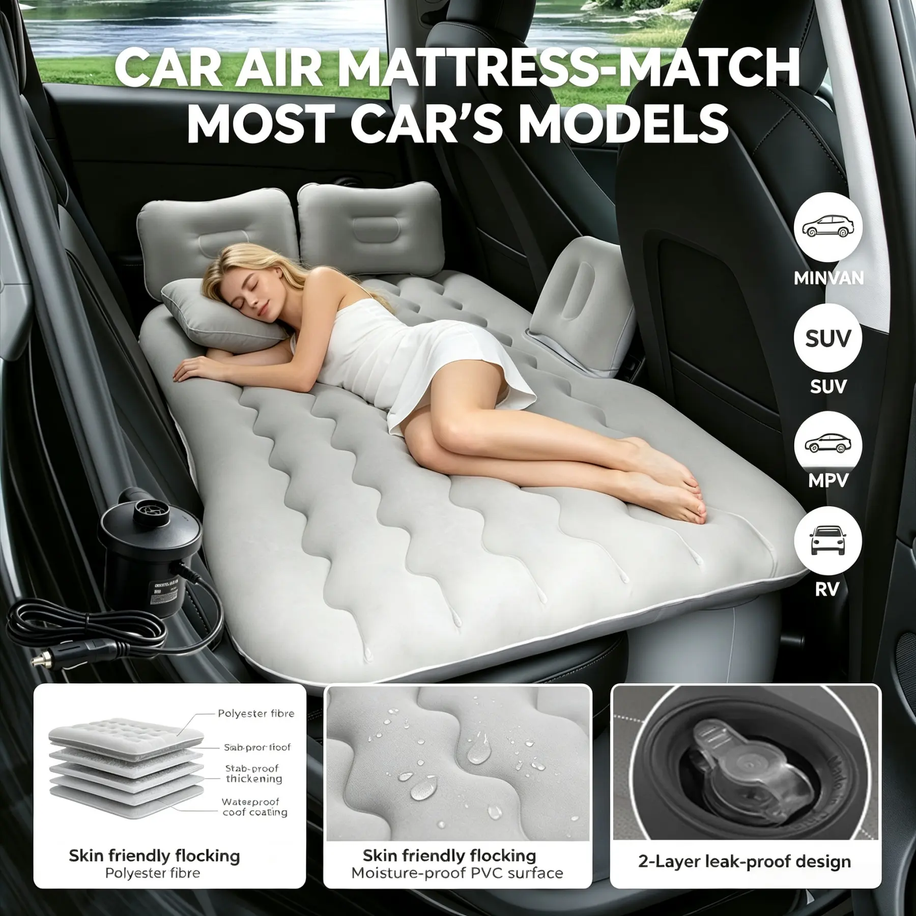 Inflatable car SUV air mattress rear seat bed/portable thickened car travel camping sleep air mattress with air pump, car general SUV