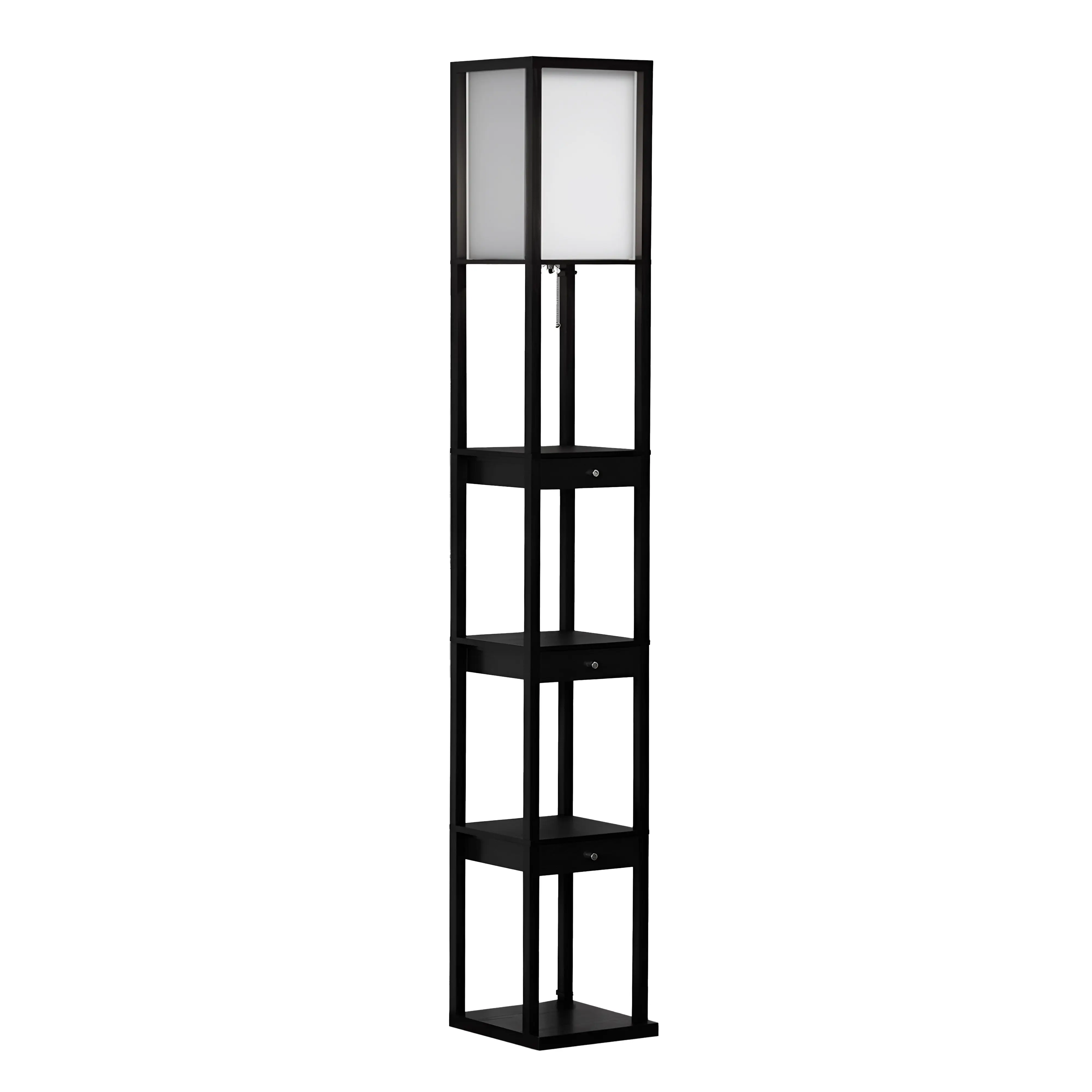 Brightech Maxwell LED Drawer Edition Standing Lamp - 9.5W Modern Asian Japanese Style Indoor Light, Alexa-Compatible Smart Control, Wood Frame, 4-Tiered Display Shelving, Drawers, Soft Diffused Uplight White Shade, Modern Home Decor for Adult Bedrooms