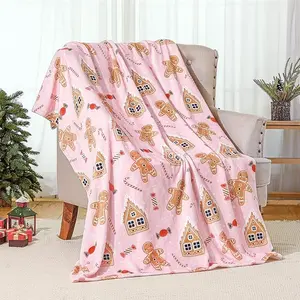 Pink Gingerbread Christmas Throw Blanket Cute Soft Warm Lightweight Blanket for Sofa Bed Gift Decor,60 x 80 Inches