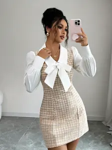 A women's Chic Elegant fashionable apricot white color blocked coarse tweed bow dress, Casual Chic Dress, the coarse tweed adds texture, and the bow adds sweetness, suitable for commuting to work, shopping and playing indoors and outdoors