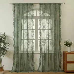 Room Decor Vintage Floral Embroidery Curtain Blinds for Room Decor, 1 Count Semi-transparent Window Curtain with Ruffles, Attached Valances, Bedroom Curtains Arch, Window Drapes for Home Living Room, Interior Decor Accessories, Home Decoration Curtain