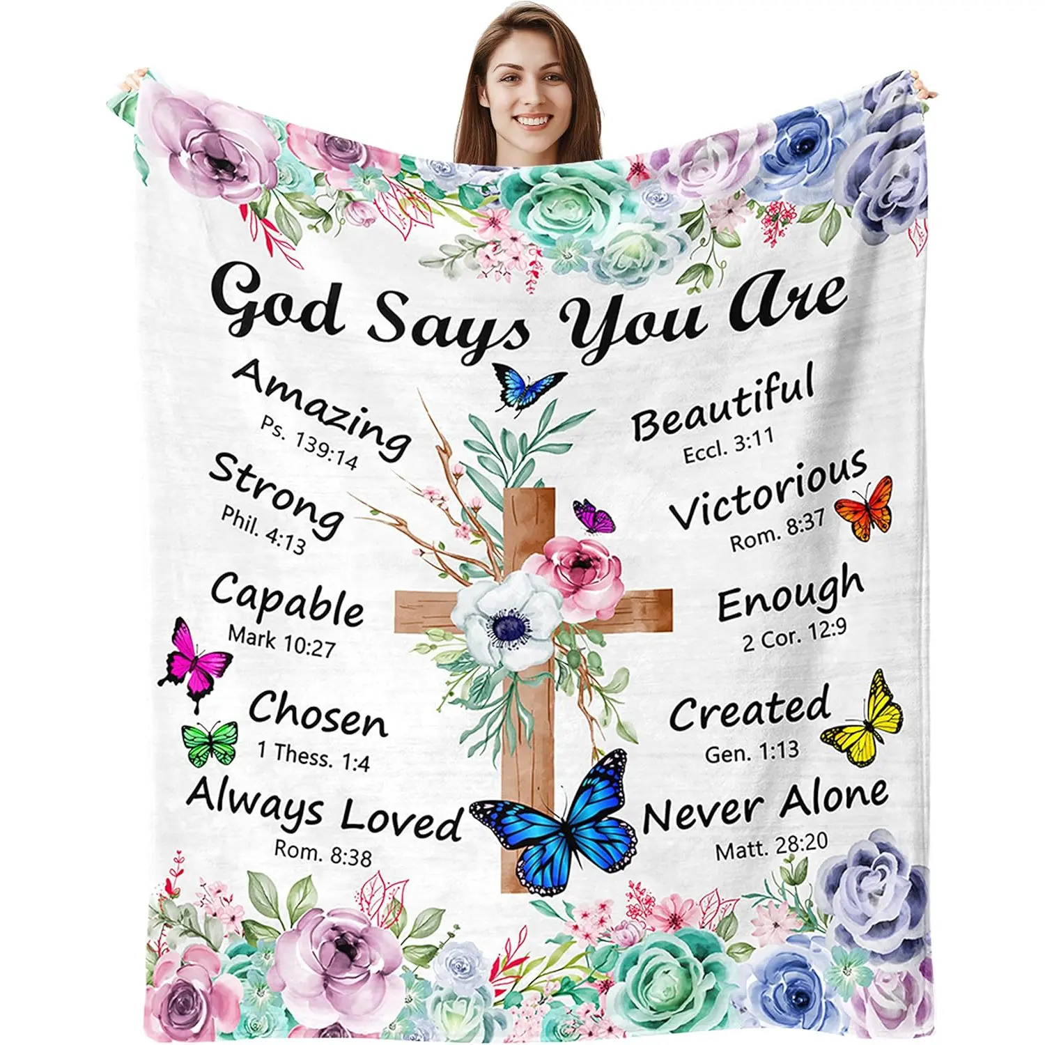 Tuniaops Women's Christian Gift Anti-Pilling Soft Fleece Flannel Blanket - 60"x50", Christian Cross Embroidered, Inspirational Scripture Verse Lit Letters, Machine Washable, Multicolor Print Ultrasound-Patterned Home Decor Tapestry Bedspread