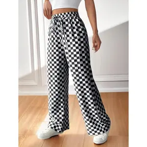 Women's All Over Checkerboard Print Drawstring Waist Straight Leg Pants, Casual?Fit Comfy High Waist Trousers for Daily Wear?Everyday, Ladies Bottoms for All Seasons, Baggy Pants, Womenswear(gift)