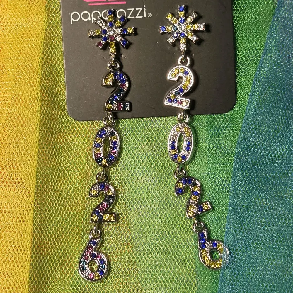 Paparazzi Ring In The Shimmer Earrings with Colorful Rhinestones and Number Design for Festive Wear