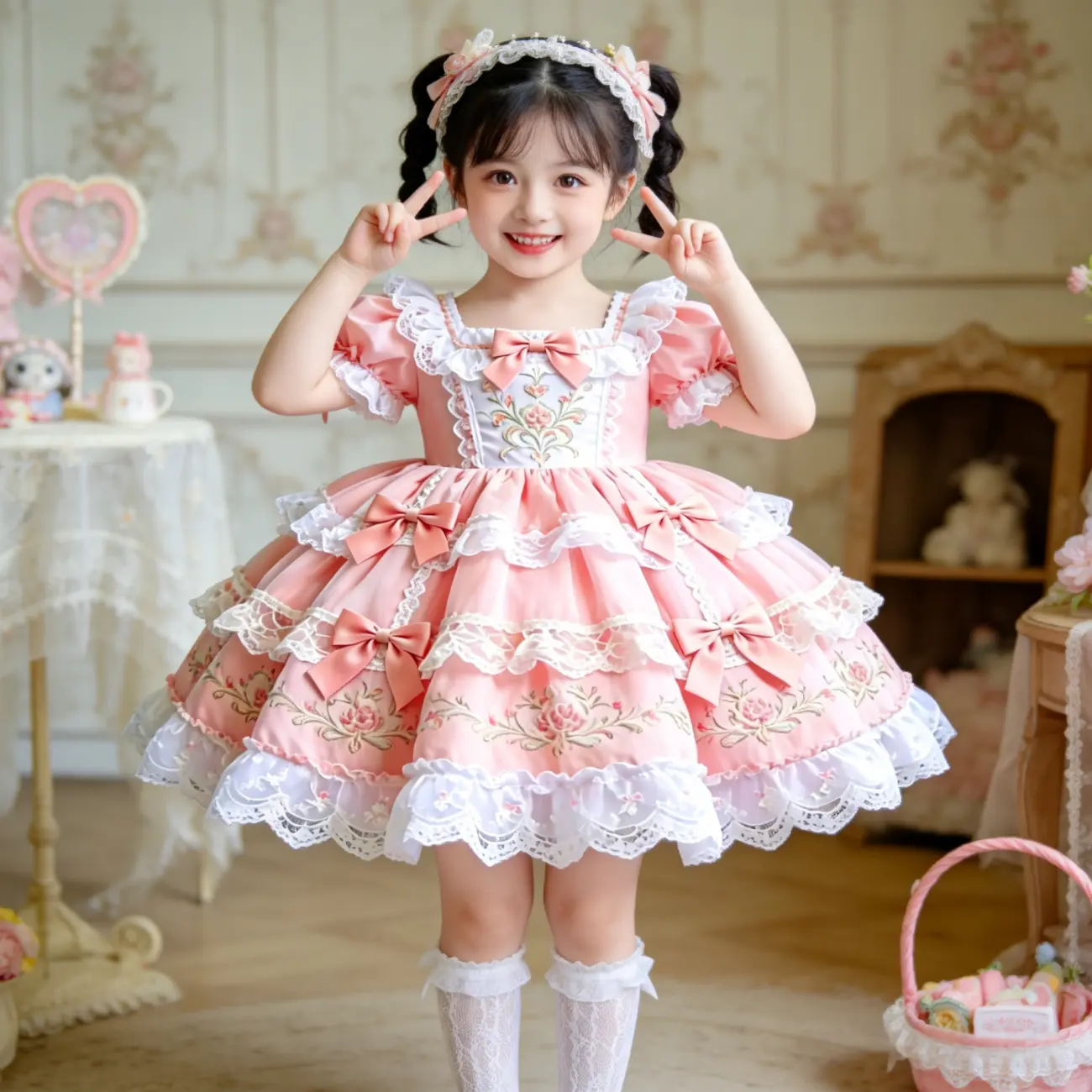 New Summer Girls’ Dress – Pink Floral Square Neck Puff Sleeves Princess Dress with Multi-Layer Bows and Lace, Fluffy Formal Dress Birthday Clothes Birthday Babe Dress