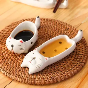 Cute Cat Ceramic Condiment Dishes Set, Creative Home Kitchen Utensils, Multifunctional Spice Plates, Handheld Chopstick Holder, Snack Dip Plate