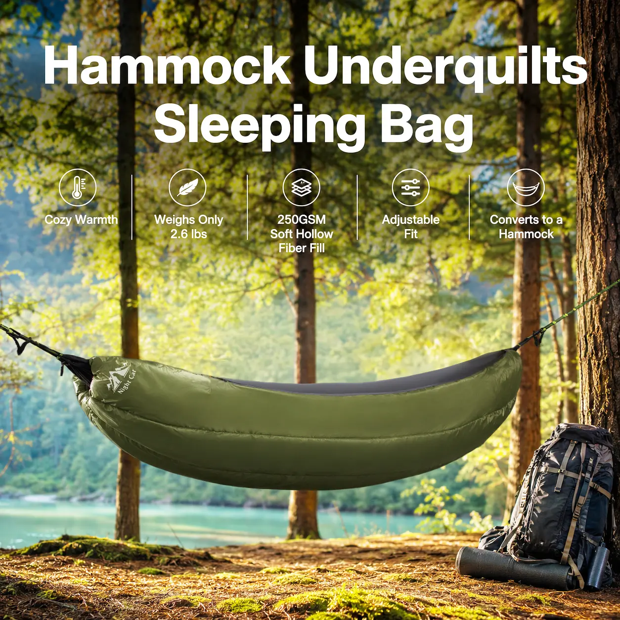 Night Cat 4-Season Hammock Underquilt, Warm Cotton Filled Quilt for Portable Travel Hammock, Lightweight Camping Accessories for Hiking & Backpacking, 8ft x 3.6ft, Warmth, Easy Set Up, Hiking / Light Outdoor