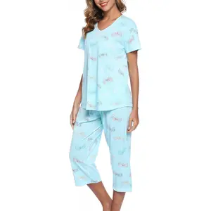 Womens Pajama Sets Cotton Pj Set Short Sleeve Top With Capri Pants Sleepwear 2 Piece Lounge Set