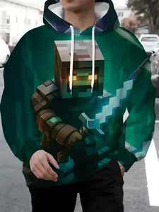 Pixel Style Hooded Sweatshirt Men, 3D Printed Hoodie, Trendy Fashion Teenager Clothing, Cool Gaming Peripheral Apparel