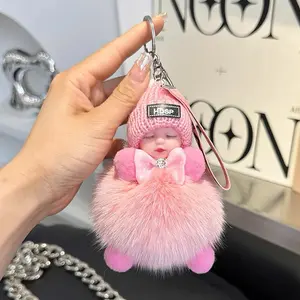 Fluffy Pink Sleeping Doll Keychain Soft Faux Fur Pom Pom Bag Charm Cute Baby Doll Pendant for Women Girls Purse Backpack Car Key Decor