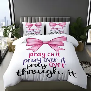 Inspirational Christian Quote Duvet Cover Set, 1 Duvet Cover + 1/2 Pillowcases, Pray over It Through It Typography, Aesthetic Bedroom Decor