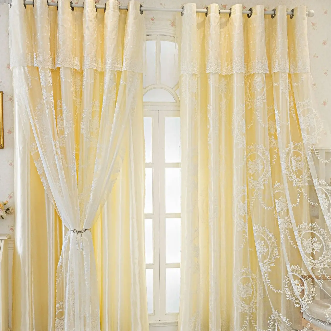 1pc Cream Yellow Lace Fabric-Sheer 2-in-1 Embroidered Curtains! Embroidery + semi-blackout (Grommet), soft light—romantic living room/bedroom decor, Home Decorative Curtain, Home Decoration Curtain Window Drapes