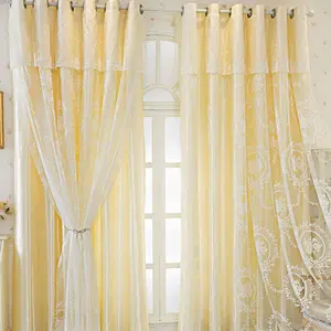 1pc Cream Yellow Lace Fabric-Sheer 2-in-1 Embroidered Curtains! Embroidery + semi-blackout (Grommet), soft light—romantic living room/bedroom decor, Home Decorative Curtain, Home Decoration Curtain Window Drapes