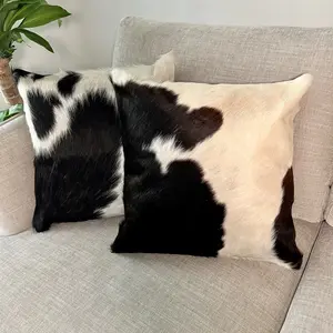 SURPRISE SET: 2 Real Cowhide & Black Leather Pillow Covers 15x15- Luxury Home Decor, Throw Pillow, Western Decor, Housewarming Gift