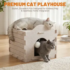 Modern Minimalist Felt Cat House with Cute Box Design, Soft Breathable Cat Playhouse with Interactive Toy, Elegant Cat Bed Cave That Blends Seamlessly with Any Home Decor for Indoor Cats