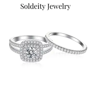 Round Cut Gemstone Double Halo Bridal Band Rings Set, Brilliant Cubic Zircon Jewelry for Wedding, Engagement