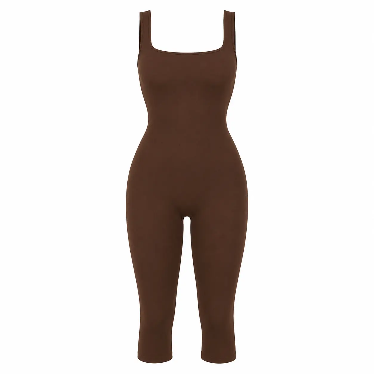 Brown Square Neck Capri Pant Bodysuit