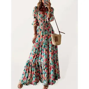 V-neck Quarter-sleeved Floral Dress