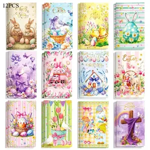 12PCS Cartoon Rabbit Cross Easter Egg Print Mini Notepad Birthday Party Supplies Small Sticky Notes Retro Style Mixed Colors Paper Material Party Decor Notepad