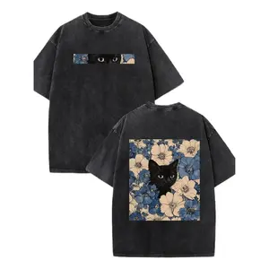Black Cat Floral Pattern, Fun Print,BLACK FRIDAYVintage Washed Pure Cotton T-shirt Y2k StyleAmerican Street Style Suitable for Both Men andWomen To Wear Men Gifts Round Neck Basic