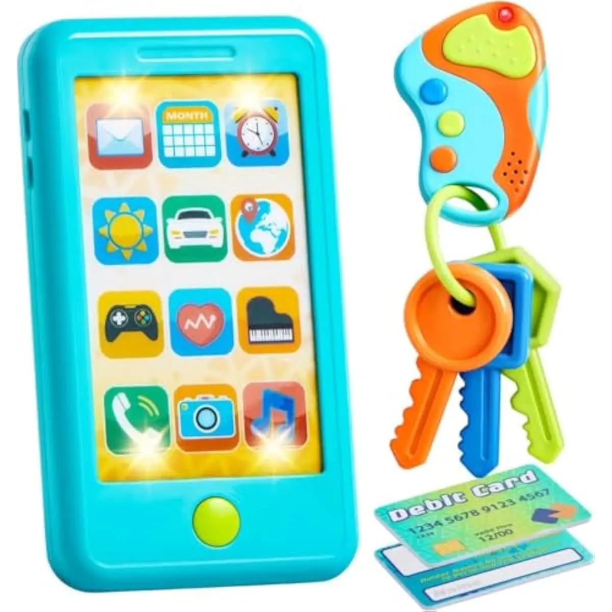 Pretend Toddler Phone, Learning Toy Phone Set,Keyfob Key Toy and Credit Cards Set, Kids Cellphone, Girls Boys Birthday Gifts for 1 2 3 Year Old,Baby Blue, Kids Presents